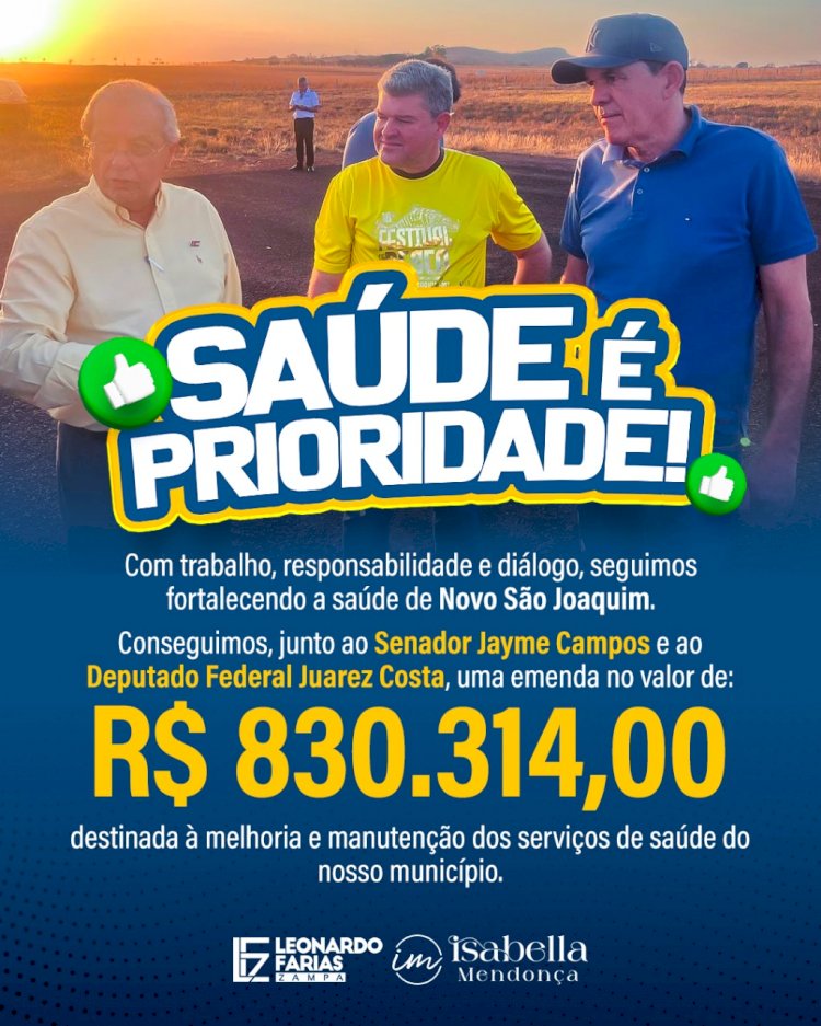 Novo São Joaquim recebe mais de R$ 830 mil em emendas para a Saúde graças à articulação do prefeito Leonardo Farias Zampa